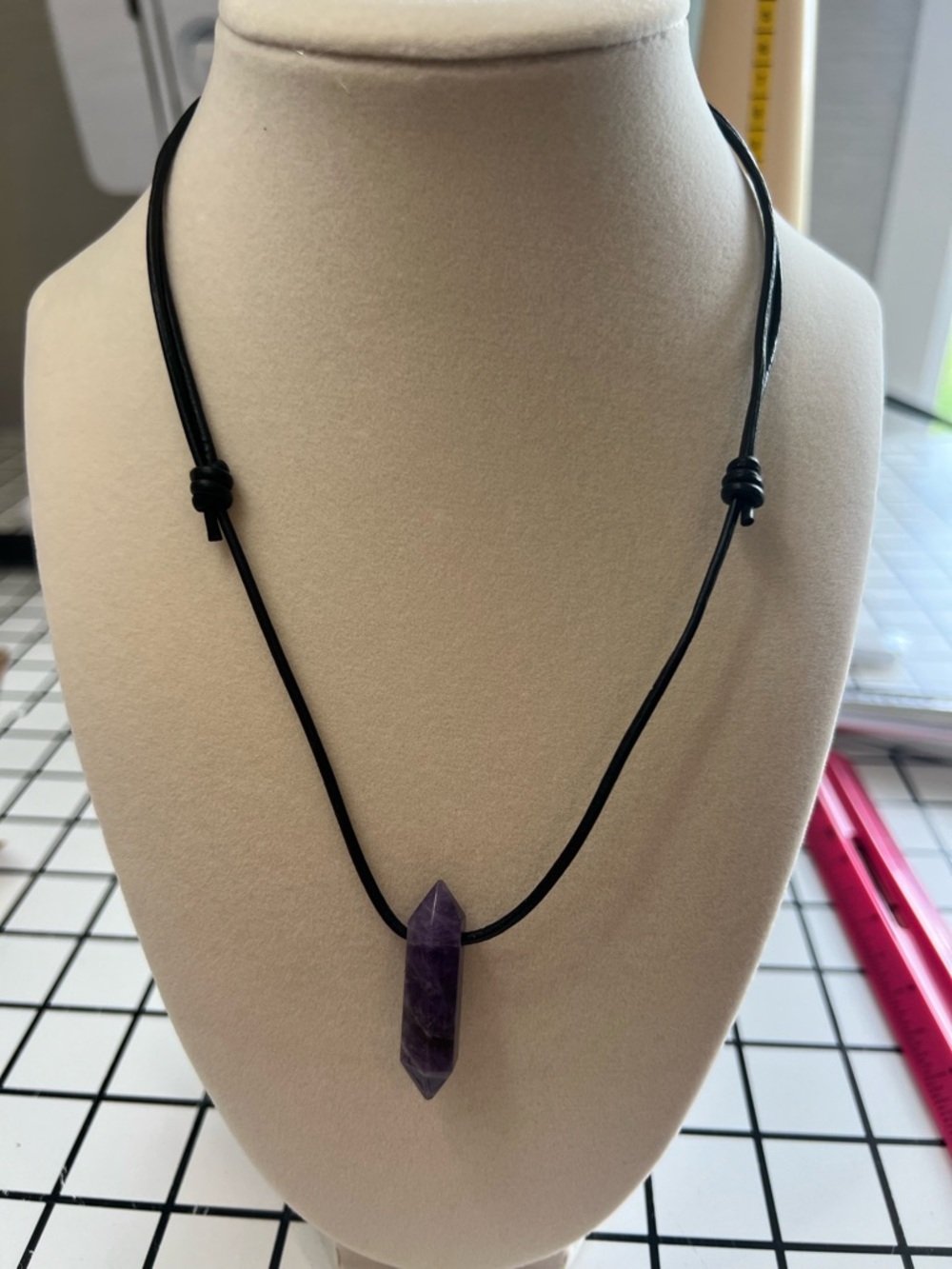 Amethyst Point Pendant Necklace on Black Cord